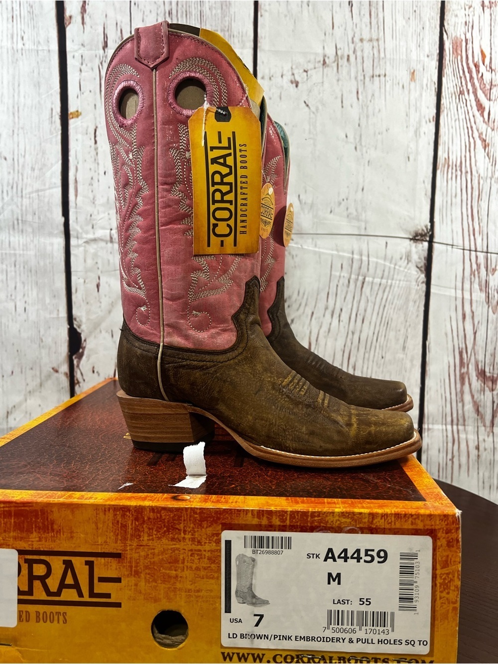 CORRAL WOMEN'S PINK GOAT EMBROIDERY BROWN SQUARE TOE COWBOY BOOT PULL HOLES 7M